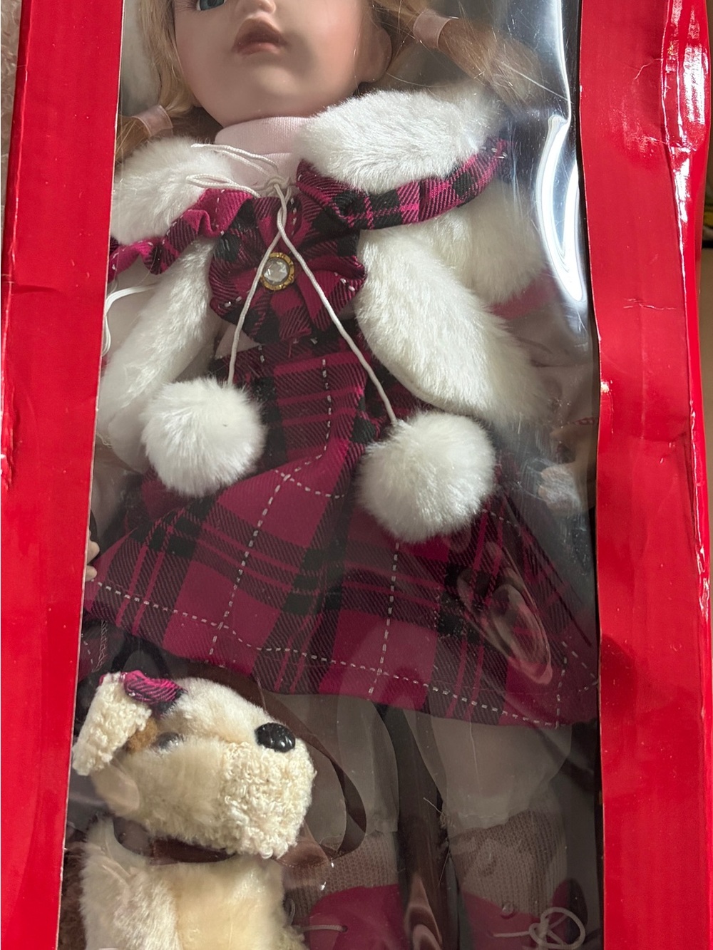 Holiday Plaid Doll Outfit with White Faux Fur Trim